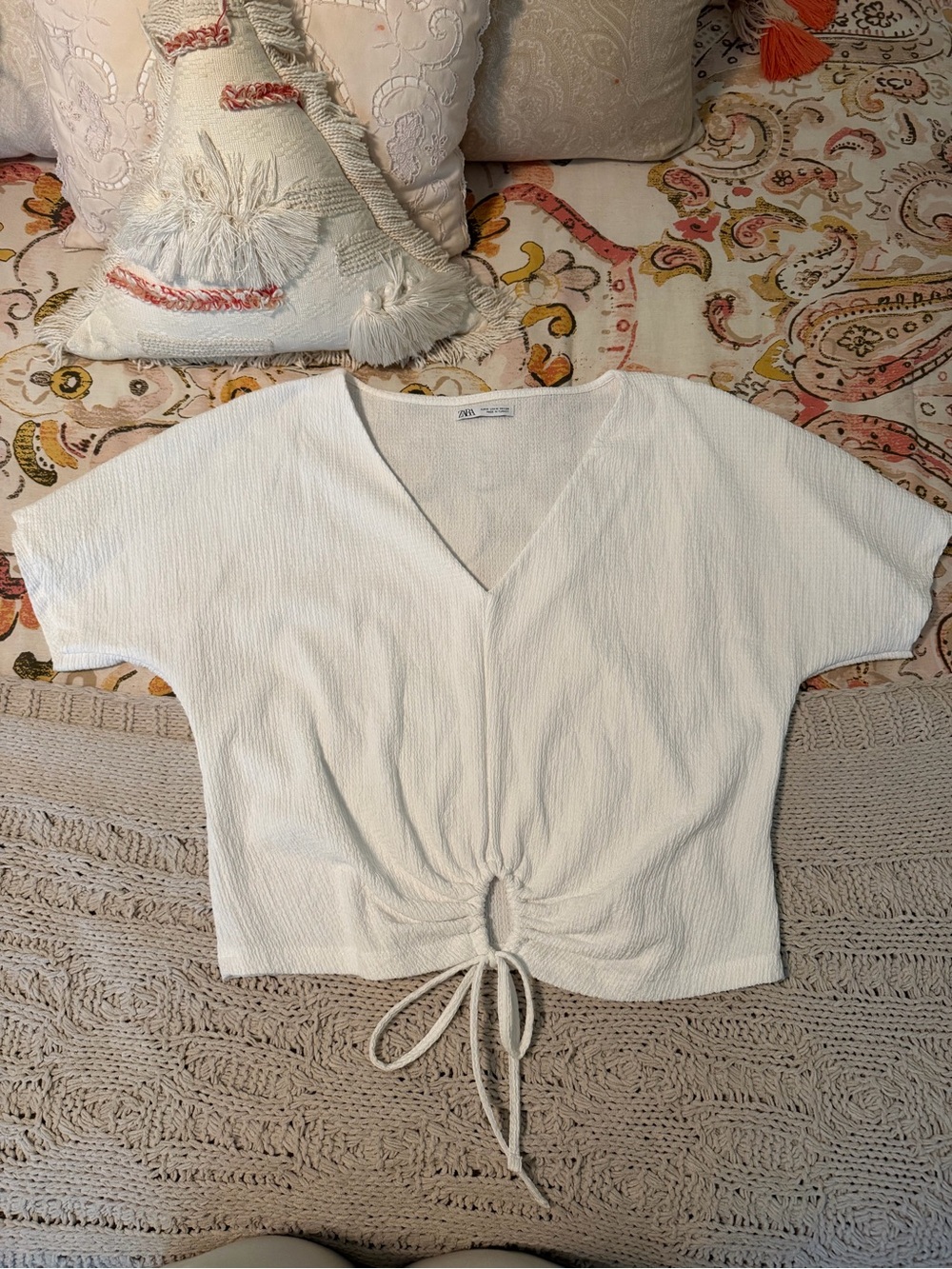 Zara Cream V-Neck Drawstring Top